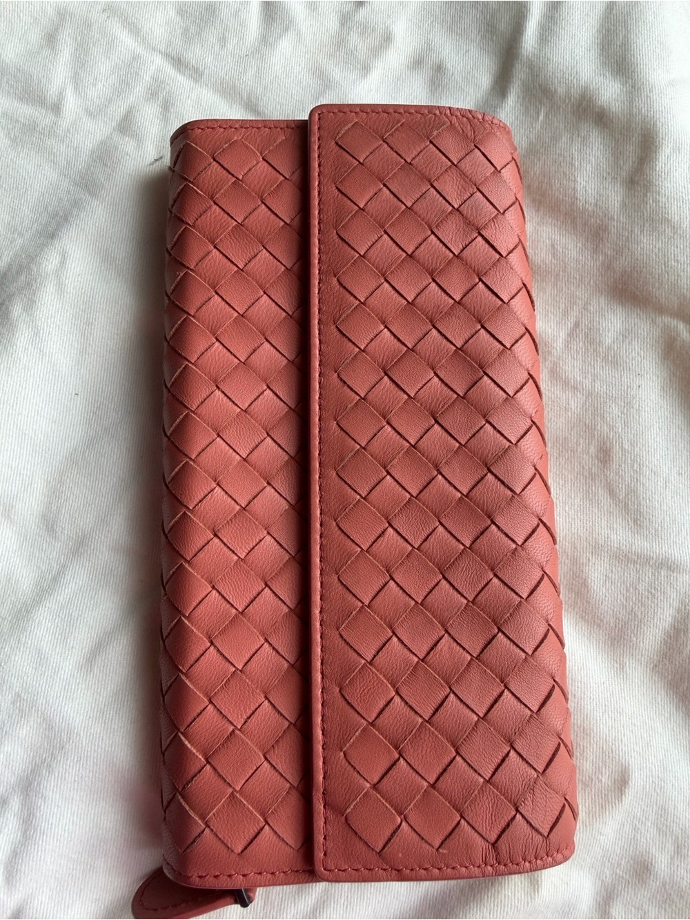 Woven Leather Long Wallet - Coral Pink